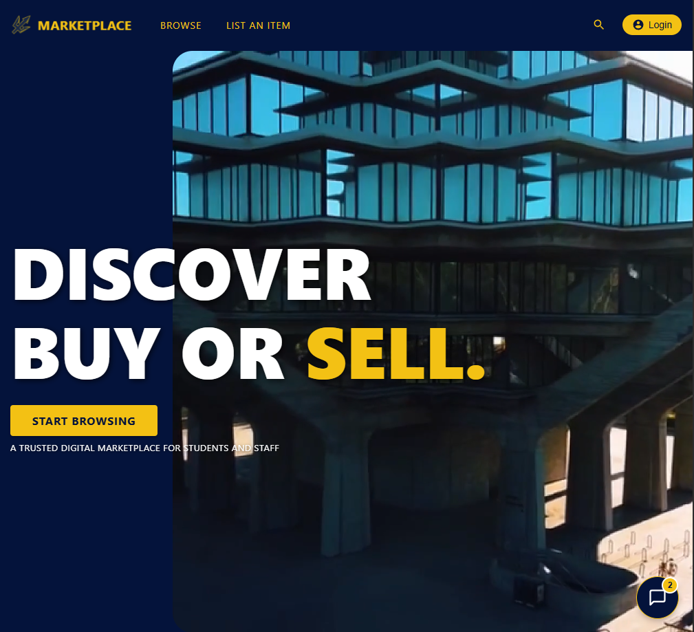 Screenshot showing the Marketplace app authentication screen, search interface, and listing cards